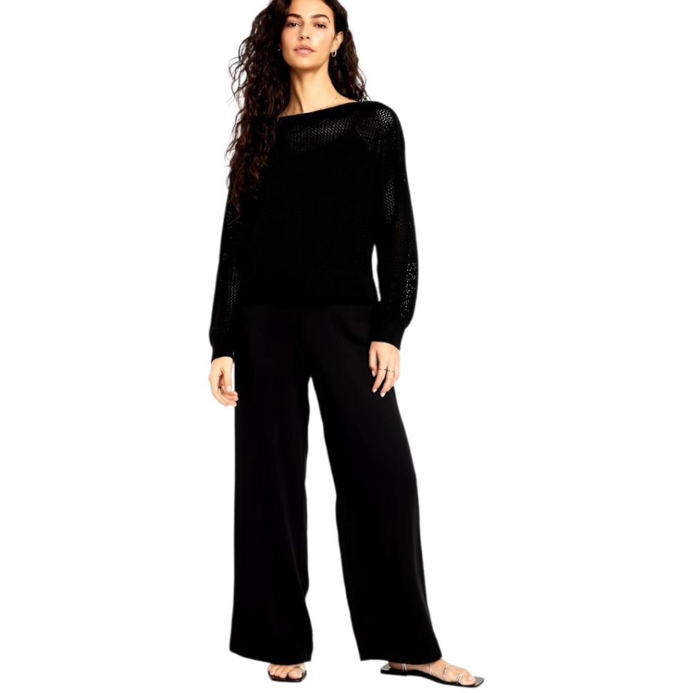 High-Waisted Elastic Back Wide Leg Black Pants | Old Navy | Women's Sz. M